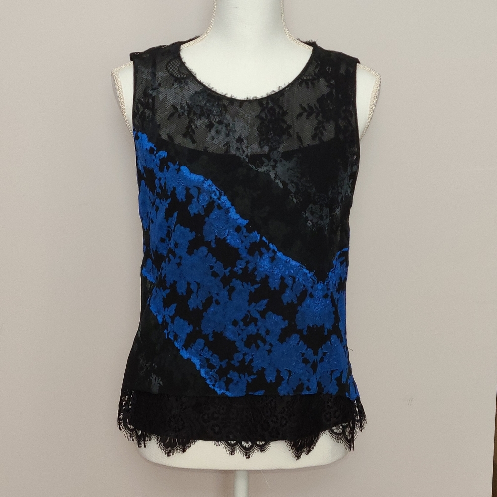 Elie Tahari - Women's Black & Royal Blue Lace Overlay Sleeveless Top